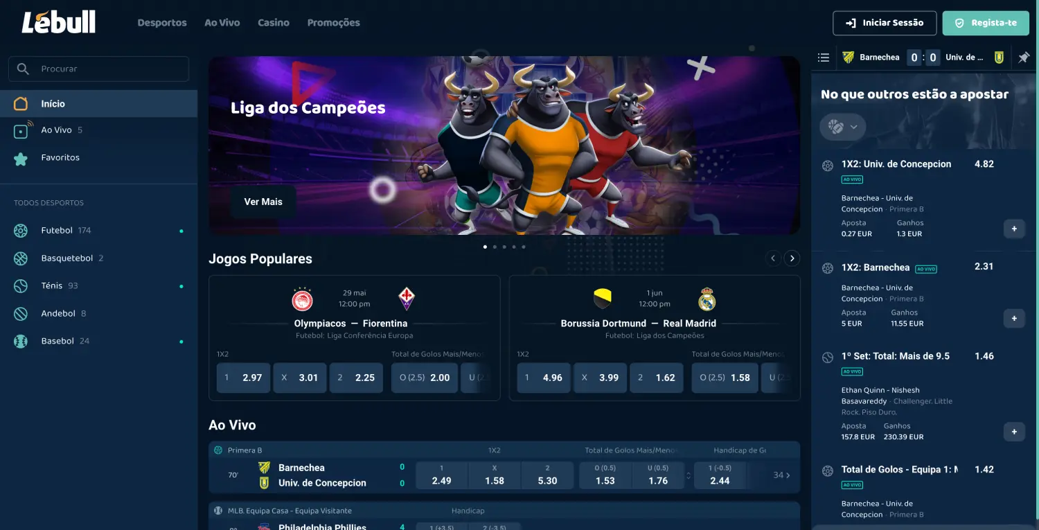 Interface da plataforma Lebull Portugal mostrando jogos ao vivo e desportos